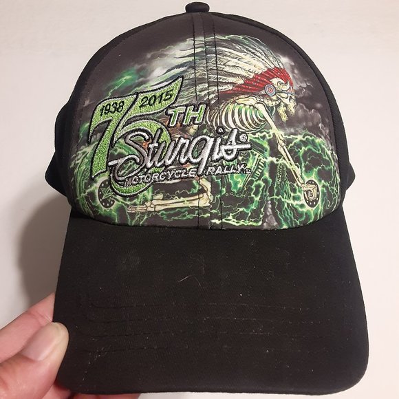75th Sturgis Motorcycle Rally 2015 Skeleton Indian Chief Hat/Cap OSFM - Picture 1 of 9